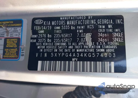 2019 Kia Sorento 2.4L Lx z USA, uszkodzony, nr VIN 5XYPG4A34KG574303